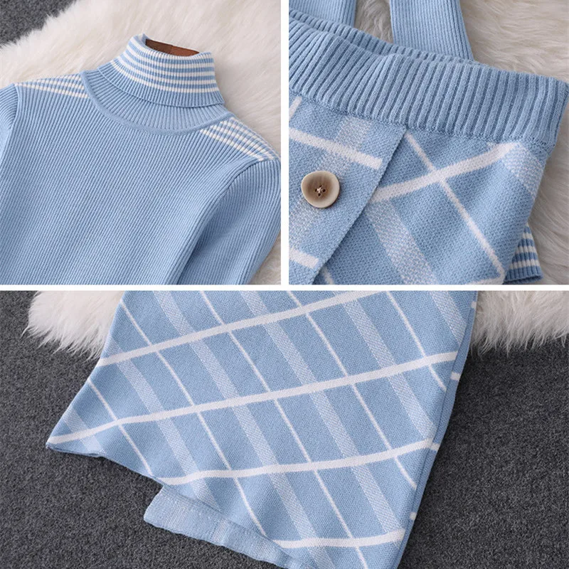 YUZACDWX Runway Designer Women Sweater Skirt 2Pcs Set 2019 Autumn Winter High Neck Knit Top+Plaid Skirt Suit Set Lady Twinset