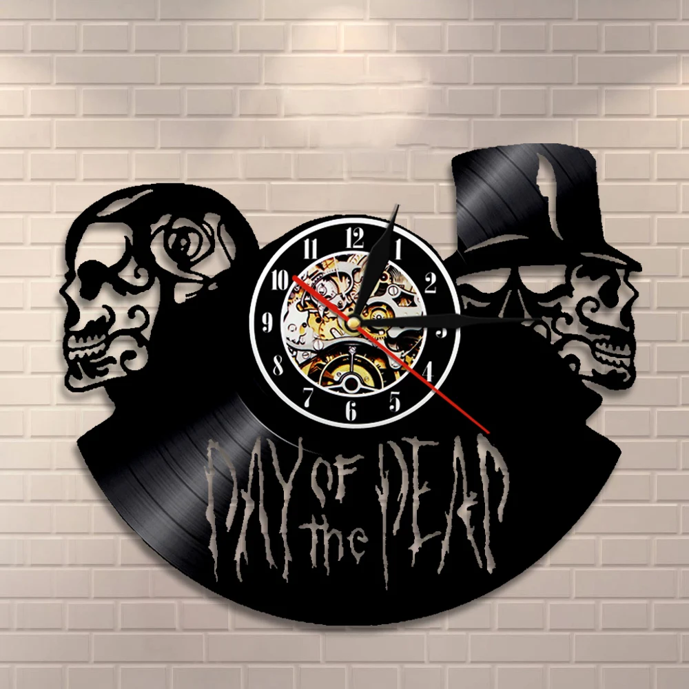 Dia De Muertos – horloge murale en vinyle, avec crâne, enregistrement, squelette d'halloween, décoration d'horreur, 3D