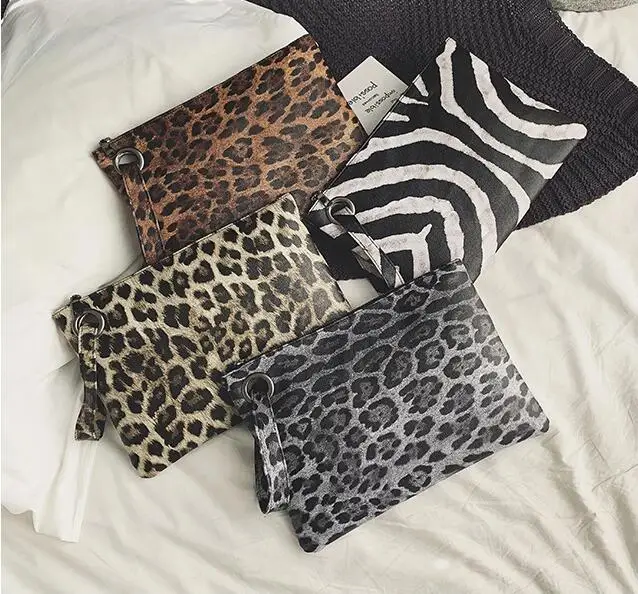 

DHL20pcs women pu Leopard printed zipper Clutch envelope bag mix color