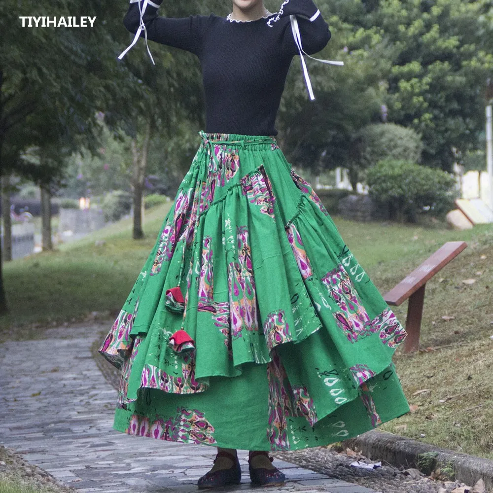 TIYIHAILEY Free Shipping 2021 New Long Maxi A-line Elastic Waist Women Cotton Linen Print Flower S-2XL Irregular Green Skirts