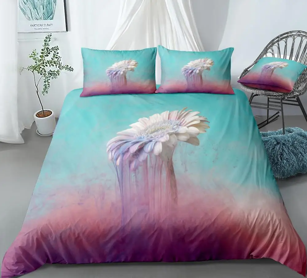 

Floral Bedding Set Daisy Flower Bed Linen Girl Boy Duvet Cover Set Cyan Pink Home Textiles Microfiber Bedclothes Water Color