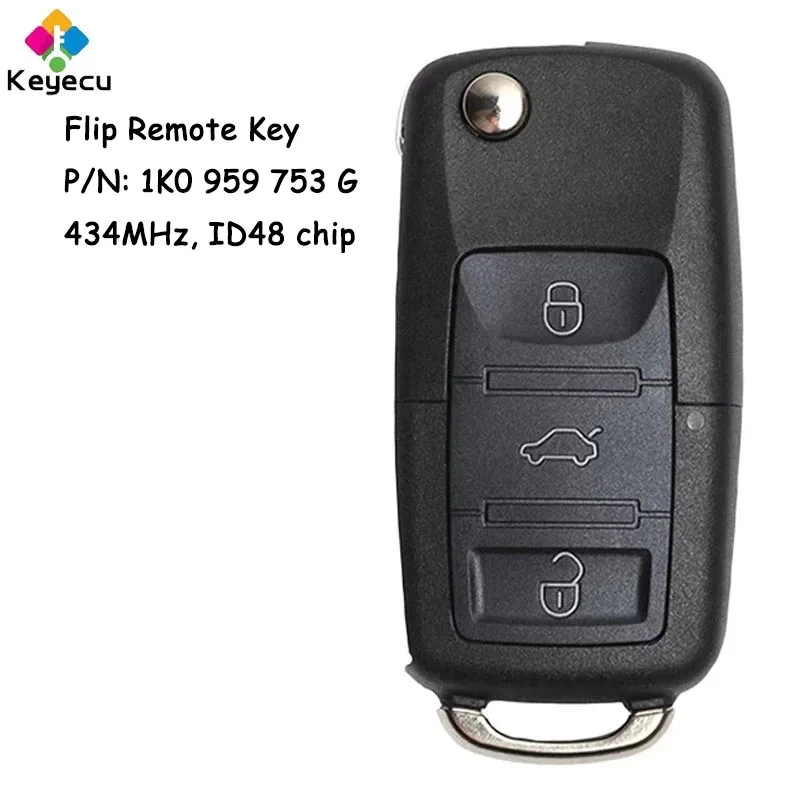 KEYECU Flip Remote Control Car Key With 3 Buttons 434MHz ID48 Chip for Volkswagen Golf for Seat for Skoda Fob P/N: 1K0 959 753 G