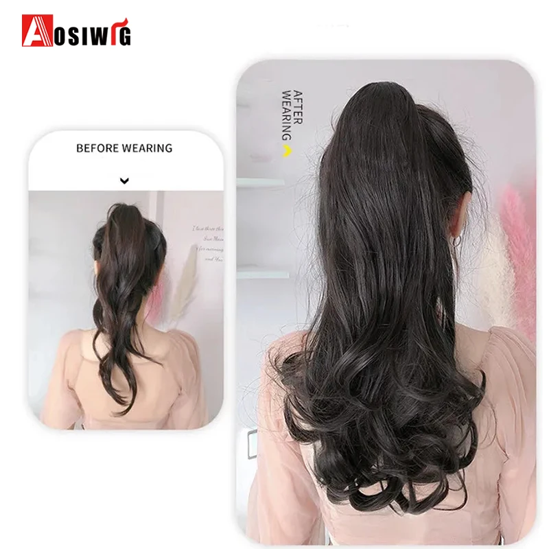 Aosiwig Synthetic Long Ponytail Drawstring Fake False Clip In Hair Extension Natural Curly Wavy Hairpiece Pony Tail Piece Women