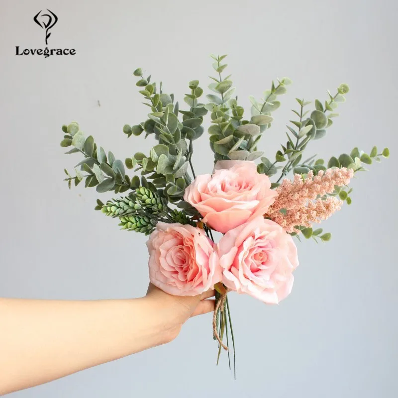 Lovegrace novia ramo de novia dama de honor con flores artificiales de seda Rosa suministros de flores para bodas decoración del hogar de vainilla espiga