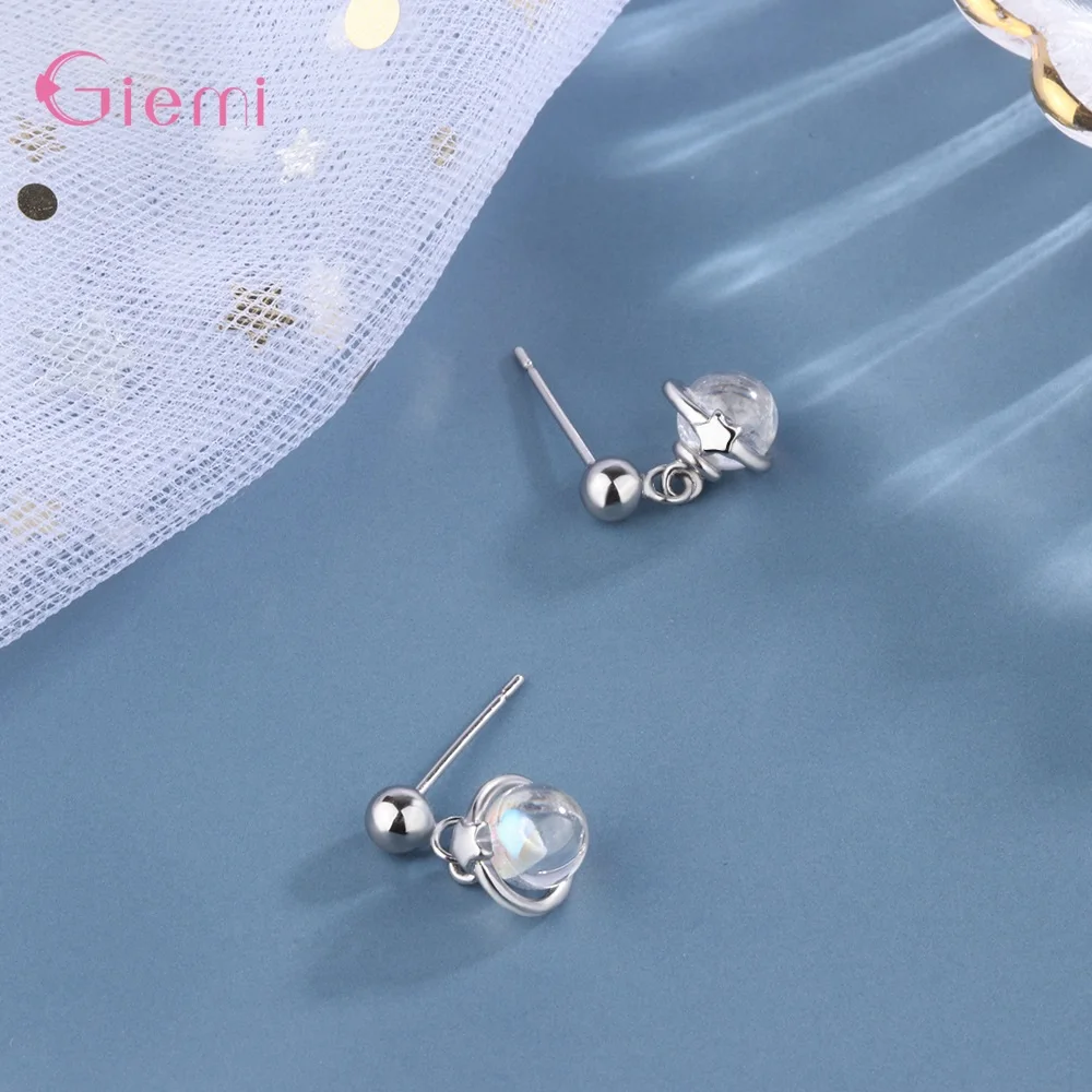 Wedding Party 925 Sterling Silver Piercing Earrings Blue Universe Planet Star Stud Earrings For Women Birthday Gift