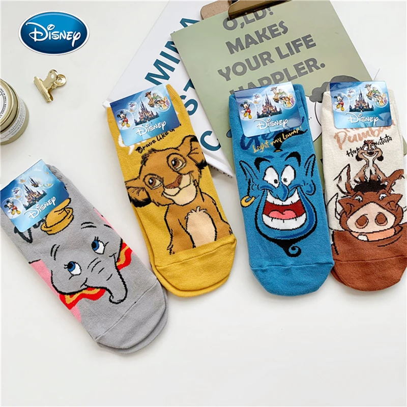 

1pair Disney woman Lion King Simba/Wild Boar/Aladdin Lamp God/Dumbo Socks Harajuku cartoon Print Funny sock spring short Sock