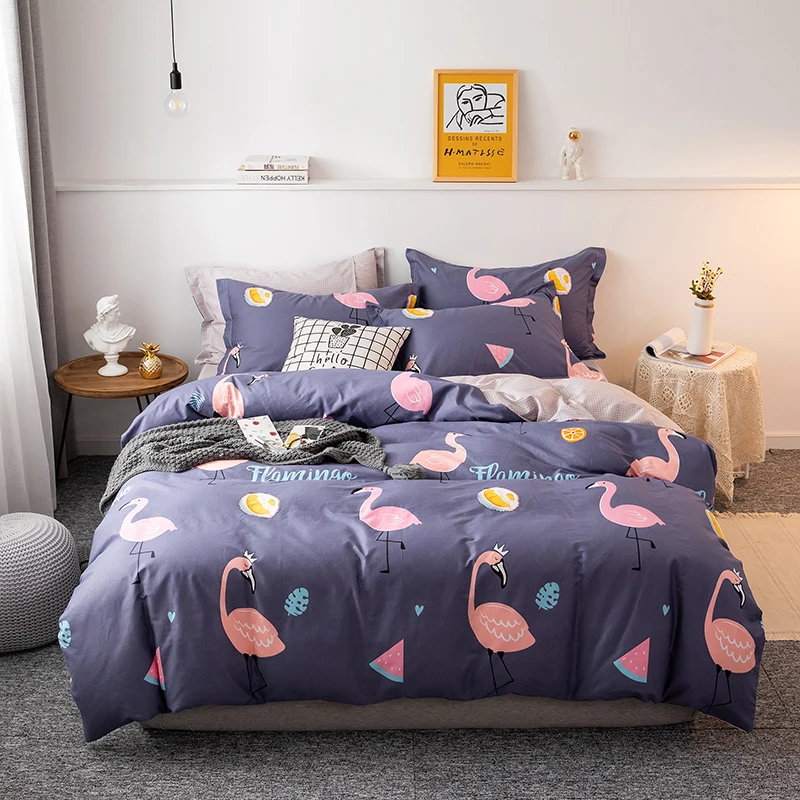 

Four-piece bedding simple cotton double household bed sheet quilt cover thickening sanding dormitory bed sheet flamingo blue