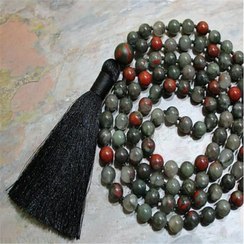 

6mm Bloodstone Gemstone 108 Beads Tassels Mala Necklace DIY Meditation Lucky Buddhist Handmade spirituality energy Prayer Men