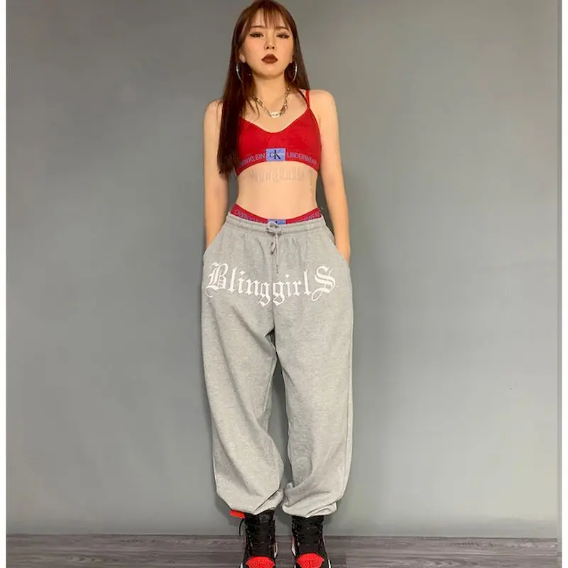 2024 Spring Summer New Women\'s Pants Gray Casual Sports Pants Hip-hop Gray Beam Guard Trousers Loose Hip-hop Trousers Printing