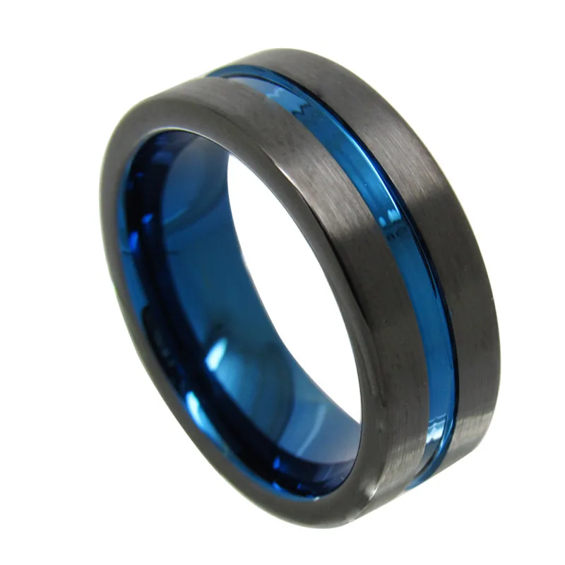 

Casual 8mm Width Black Tungsten Wedding Rings Band with Thin Blue Groove for Men High Polished Comfort Fit Customize Engraving