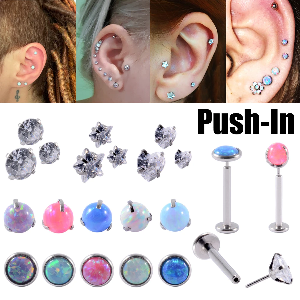 1PC Surgical Steel Opal Zircon Top Threadless Cartilage Tragus Helix Earring Piercing Labret Stud Lip Ring Easy to wear Jewelry