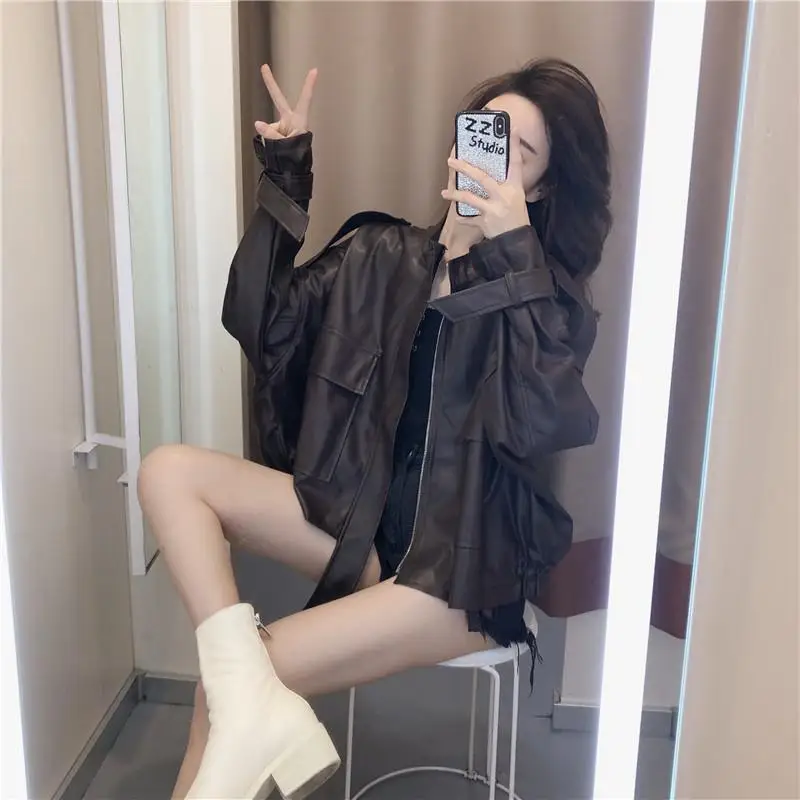 Basic Jackets Women PU Design Clothing Outwear Elegant Simple Solid Pockets Autumn Streetwear Baggy Female Trendy Ulzzang Chic