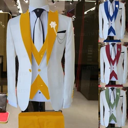 2023 nowe ubranie mężczyźni 3 sztuk Slim Groom garnitur weselny zestaw wzory mody biały kurtka biznesowa kamizelka w kolorze Royal Gold spodnie sukienka Tuxedo