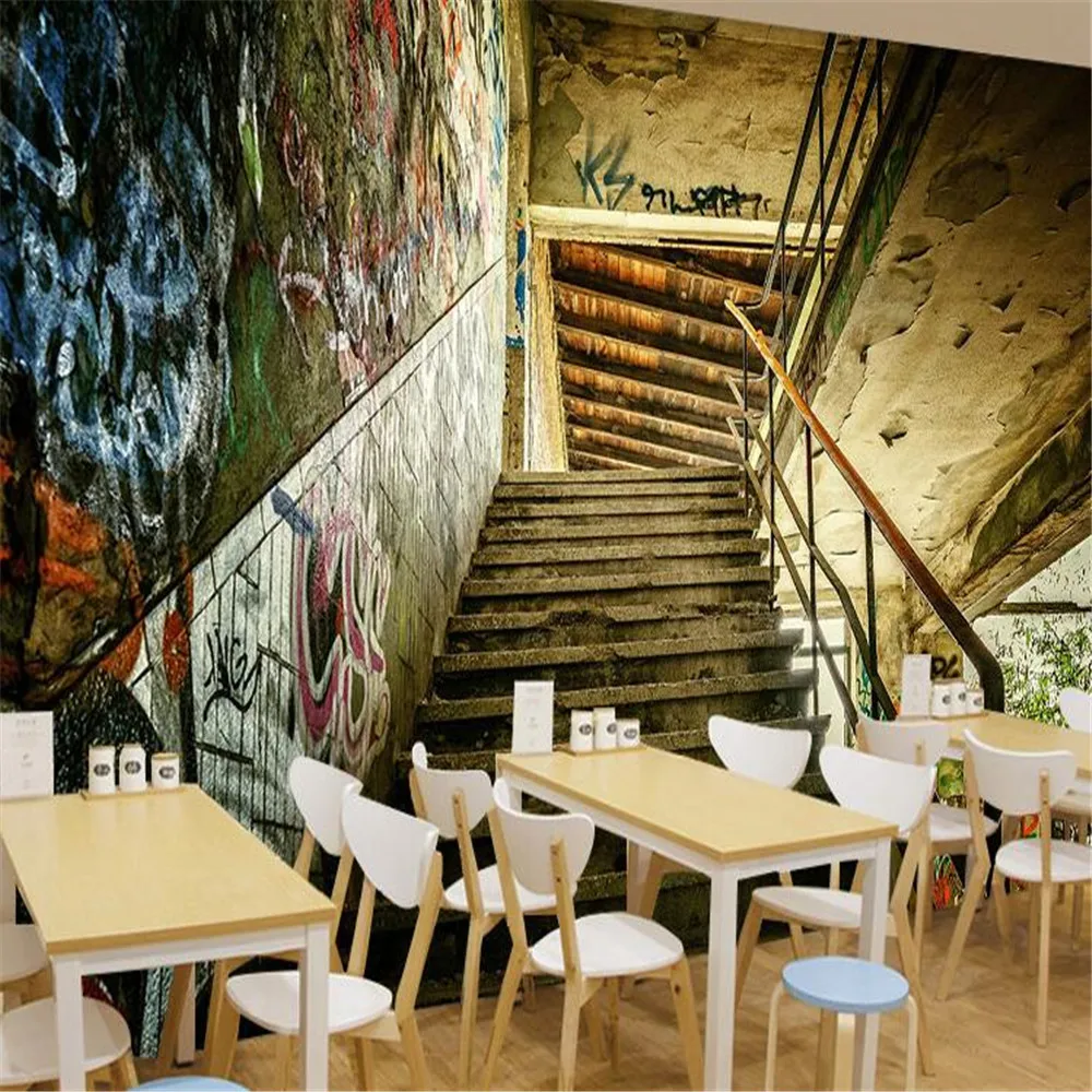 

Milofi custom large wallpaper mural 3D three-dimensional street staircase tunnel graffiti modern tooling background wall