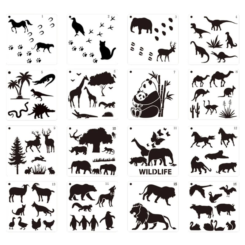 동물 그림 스텐실 팬더 말 디노신 코끼리 염소 사자 펭귄 그림 스텐실 드로잉 템플릿, 16 개