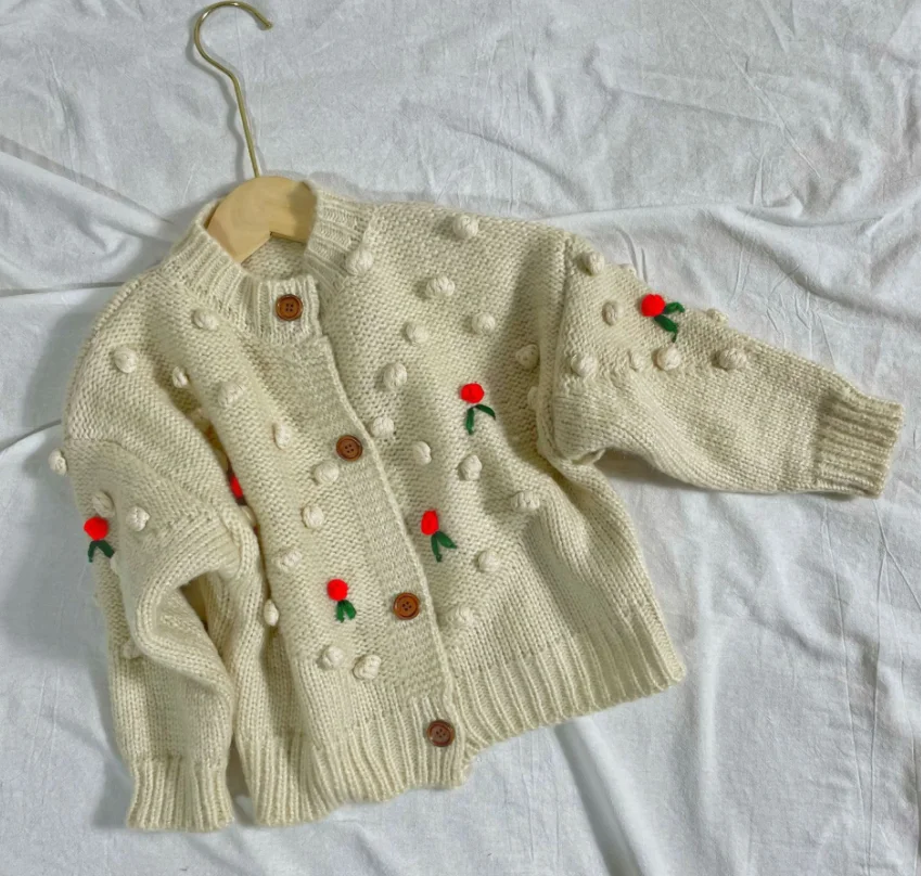 children's clothing girls cherry sweater wool ball cardigan knitted jacket