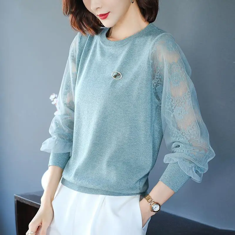 Lace Stitching Long-sleeved Bottoming Pullover Lantern Sleeve Mesh Printing Knitted Sweater Female Round Neck Jumpers Women