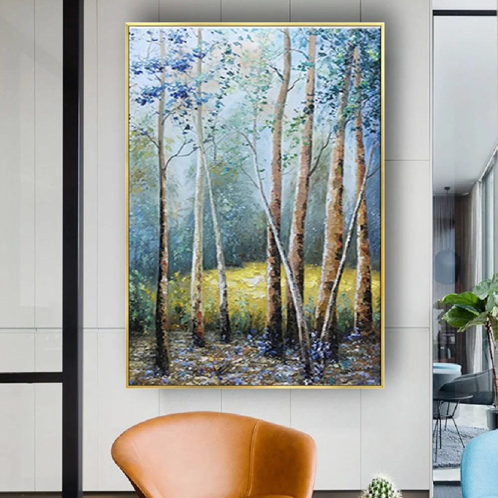 

100% Handmade Oil Painting On Canvas Landscape Trees Blue Poster Wall Art Picture Decor Home Room Forest Mural Artwork As a Gift