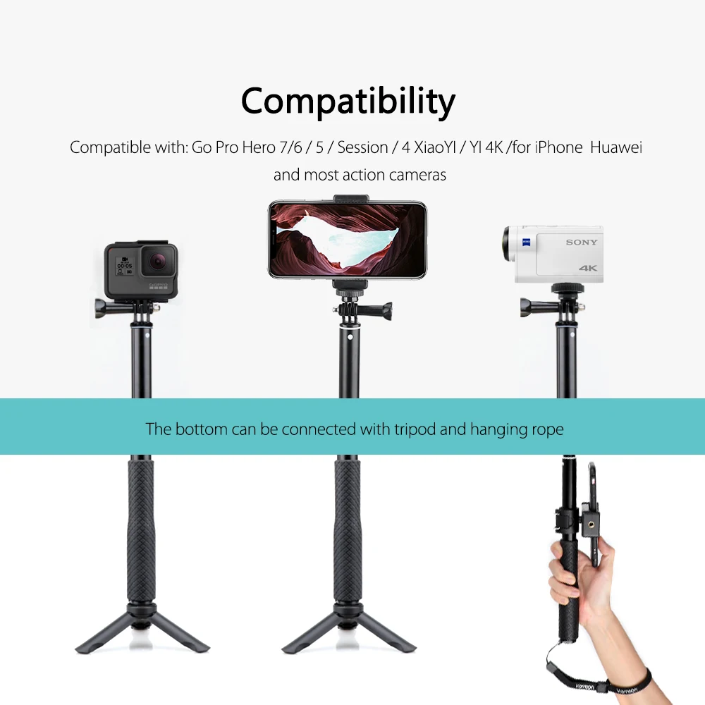 Vamson for Gopro Hero 12 11 10 9 7 6 5 Tripod Monopod Adjustable Selfie Stick for Phone for Insta360 Xiaomi Yi SJCAM Accessories