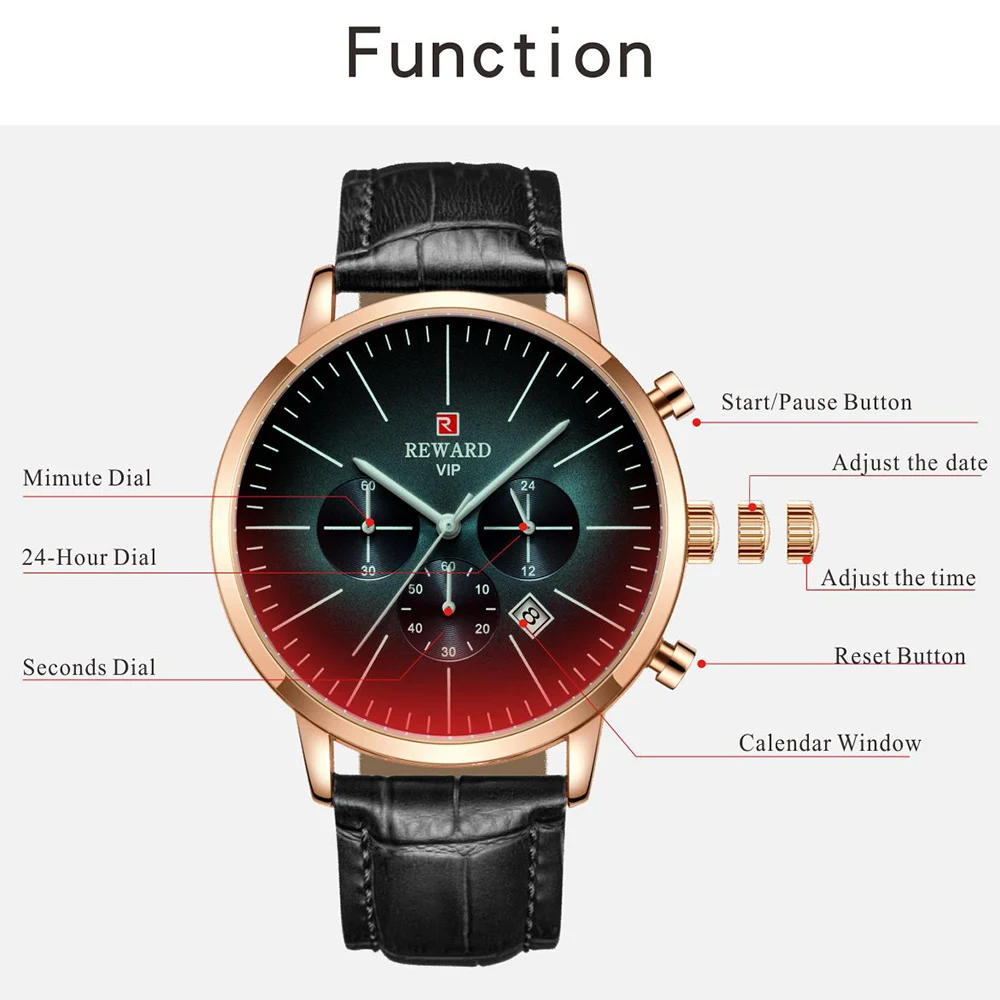 REWARD Men\'s Watch Modern Chronograph Sport 24 Hour Watch Iridescent Crystal Color Bright  Glass Waterproof Wrist Watches