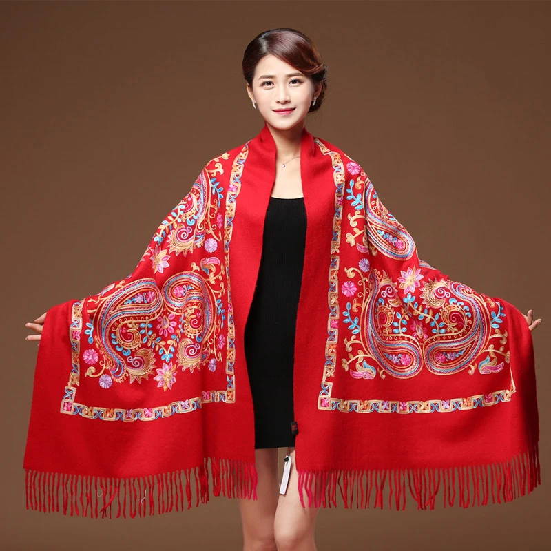 Chal con bordado de flores para mujer, bufanda de Cachemira, Pashmina, borlas finas y cálidas, chal de moda, novedad de invierno