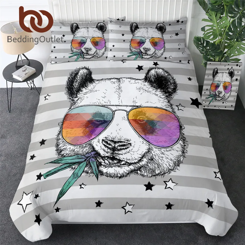 

BeddingOutlet Funny Panda Bedding Set Luxury Colorful Glasses Duvet Cover Bamboo Leaf Bedclothes Striped Stars Bed Cover Set