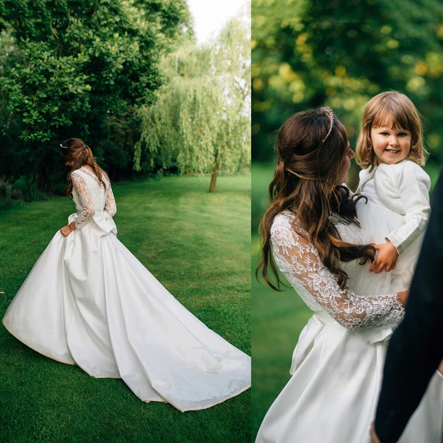 Grandi abiti da sposa con scollo tondo in raso Bowknot su misura Plus Size rustico elegante maniche lunghe in pizzo bottoni abito da festa di nozze