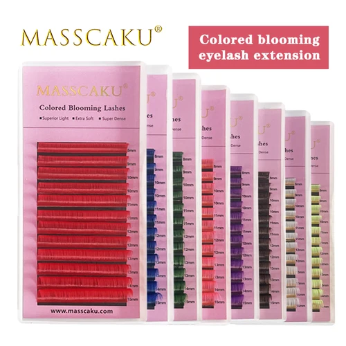 MASSCAKU rojo/marrón/rosa/amarillo/púrpura/azul/verde/blanco color fácil abanico pestañas de visón de seda 0,07 espesor volumen ruso natural