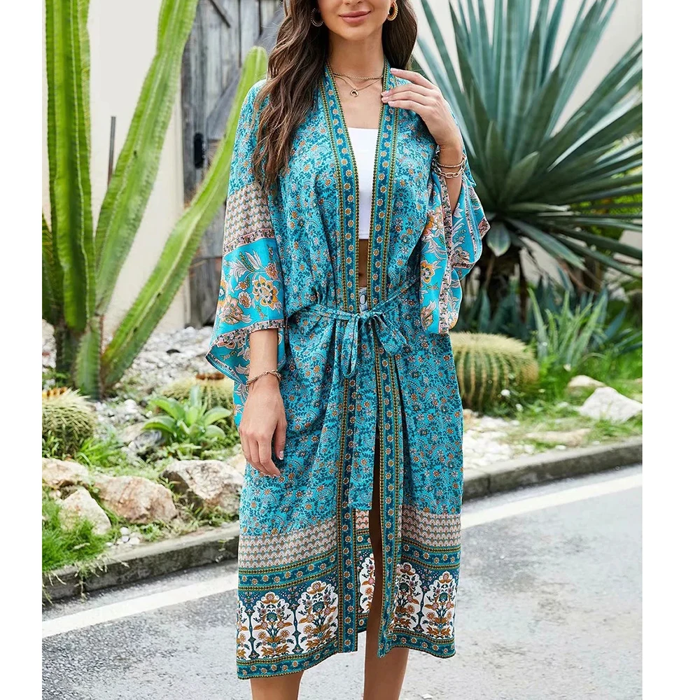 Imagem -03 - Gypsylady Blusa Kimono Longa Feminina Verde Boho Floral Vintage Manga Flare Blusa de Praia