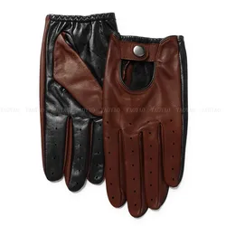 YYST29 Branded New Spring Men Genuine Leather Gloves Male Double Color Patchwork Punk Thin Luvas Fashion Driving Mittens