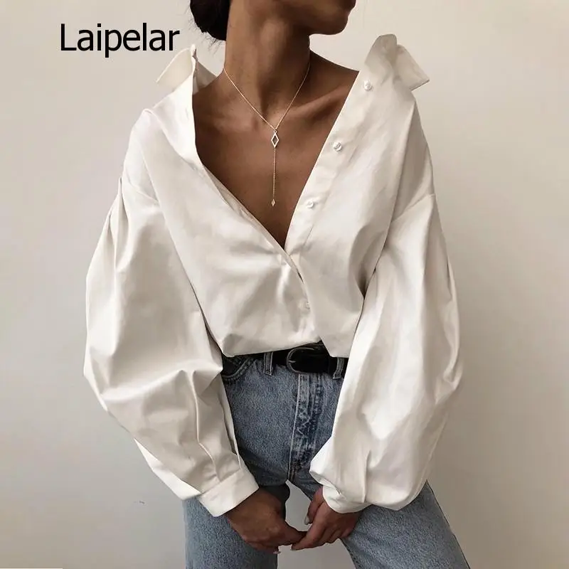 Hot Sale 2020 Autumn New Women Blouses Lantern Sleeves Lapel Streetwear Fashion Casual Wild Loose Slim Button Simple Solid Shirt
