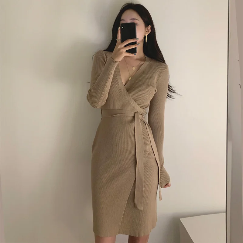 Croysier Winter Dresses For Women 2020 Elegant Belted Midi Sweater Dress V Neck Long Sleeve Ribbed Knitted Sexy Bodycon Dress