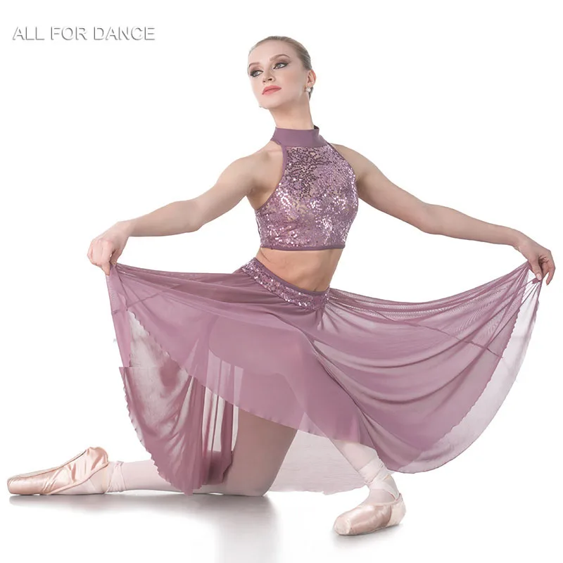

18005 Grey Purple Sequin Lace Bodice Lyrical & Contemporary Dance Costume for Child and Adult Halter Neck Ballet Dancing Dress