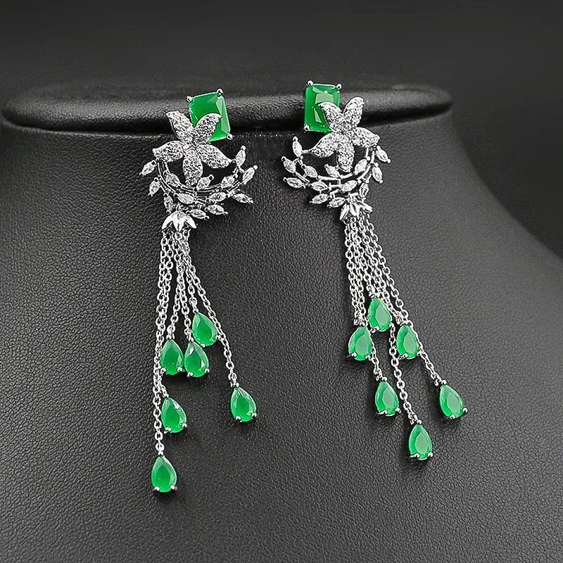 Fashion Long CZ Green Tassel Drop Earring for Women Wedding Gift