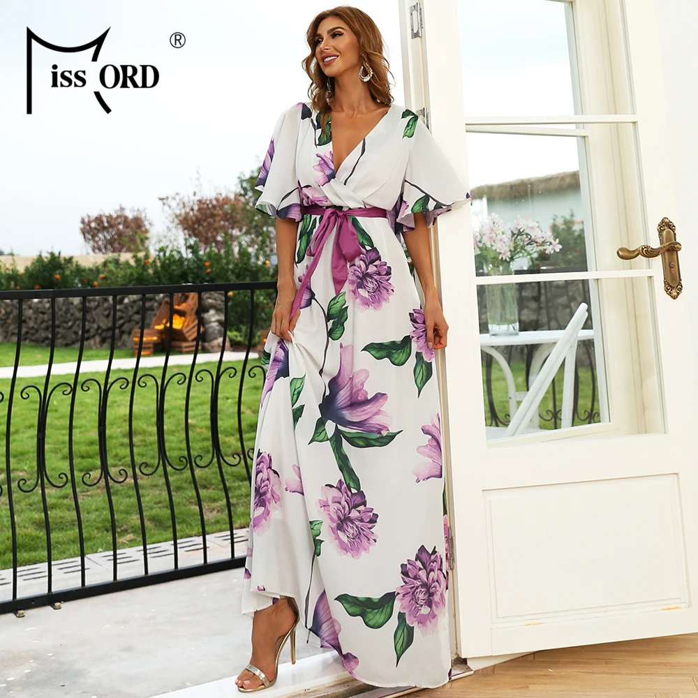 Missord-Vestido largo con estampado Floral para mujer, prenda informal con mangas cortas de mariposa, cuello en V y cinturón, estilo bohemio para vacaciones en la playa