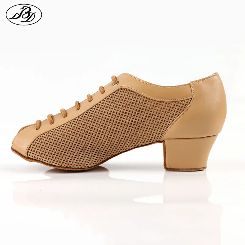 BD-zapatos de baile AM5 para mujer, zapatillas negras, zapatos de baile latino, zapatos de salón, malla, tacón cuadrado grande, zapatos de enseñanza