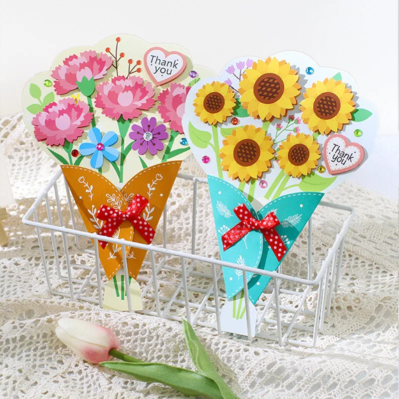 2Pcs/set DIY Handmade Simulation Bouquet Greeting Card Creativity Kindergarten Art Crafts Early Educational Toys for Children