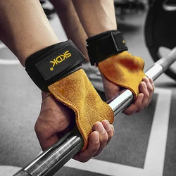 SKDK 1Pair Cowhide Gym Gloves Grips Anti-Skid Weight Lifting Grip Pads Deadlifts Workout Crossfit Fitness Gloves Palm Protection