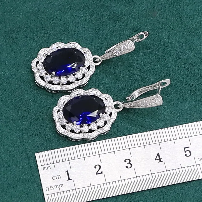 Blue Sapphire 925 Sterling Silver Jewelry set for Women Wedding Party Bracelet Earrings Necklace pendant Ring Birthday Gift