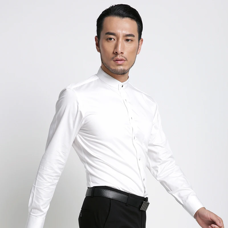 Men\'s Banded Collar Long Sleeve Solid Dress Shirts Single Patch Pocket Standard-fit Formal Business Casual Blouse Cotton Shirt