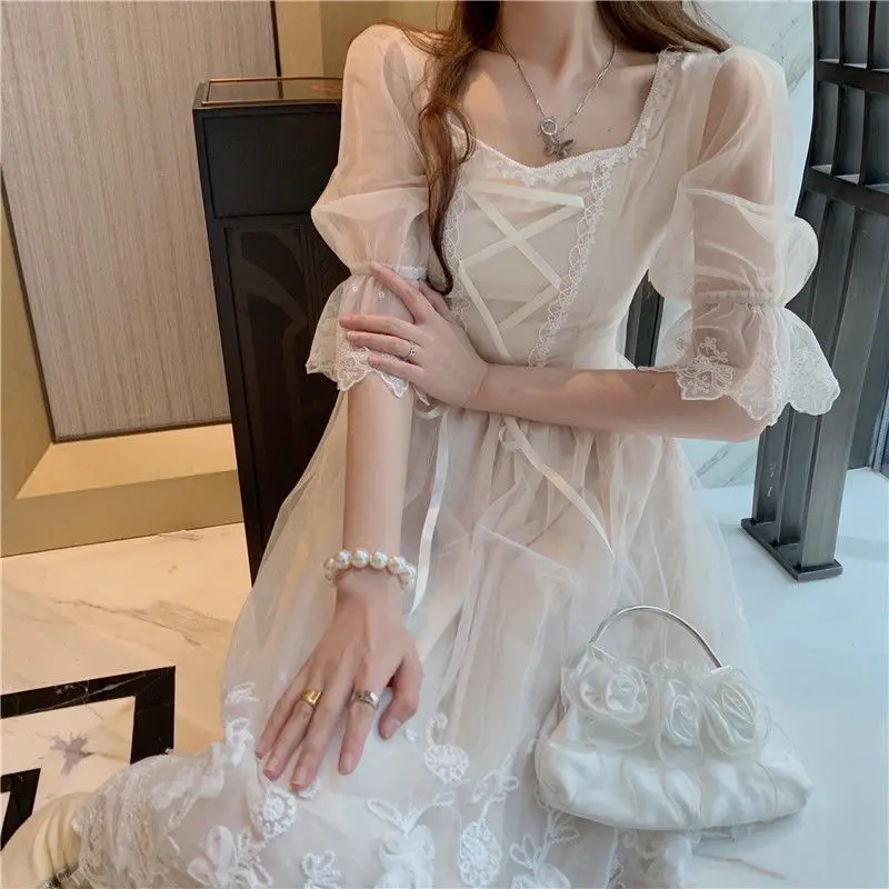 

Elegant Fairy Dress Summer French Palace Style Super Fairy Sen Tie Square Neck Tie Princess Dress Mid-length Dress