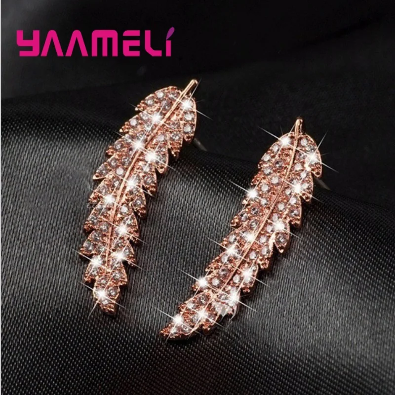 Hot Sale Korean Elegance Leaf Women Stud Earring 925 Sterling Silver Clear Rhinestone CZ Crystal Handemade Ear Brincos Pendiente