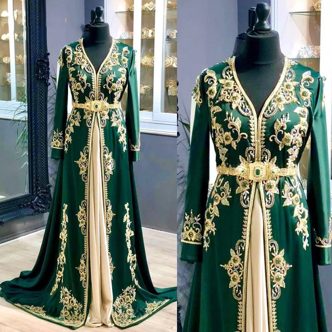 

Customized Luxury Green Moroccan Caftan Evening Dresses Long Sleeve Crystal Beaded Prom robes de soirée Dubai Formal Party Gowns