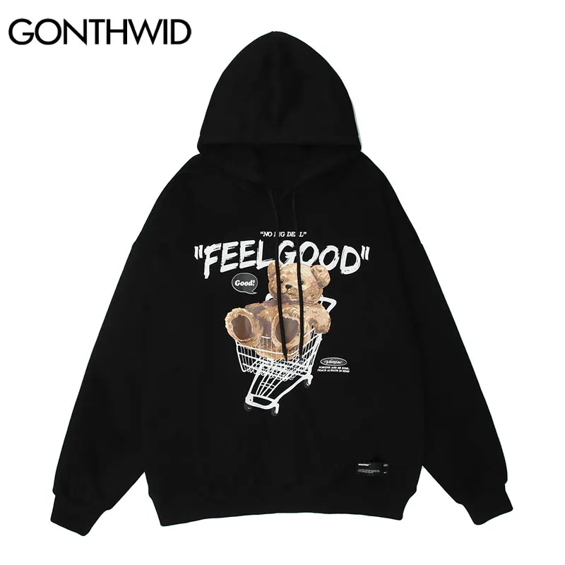 GONTHWID Men Hip Hop Hoodie Sweatshirt Streetwear Funny Bear Print Hooded Harajuku Winter Cotton Fleece Pullover Khaki Black