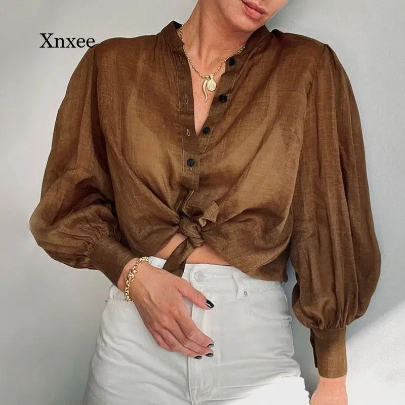 Lantern Sleeves Blouses Vintage Button Women Shirts Summer High Street Solid Chic Style Elegant Fashion Lady Tops Retro Clothing