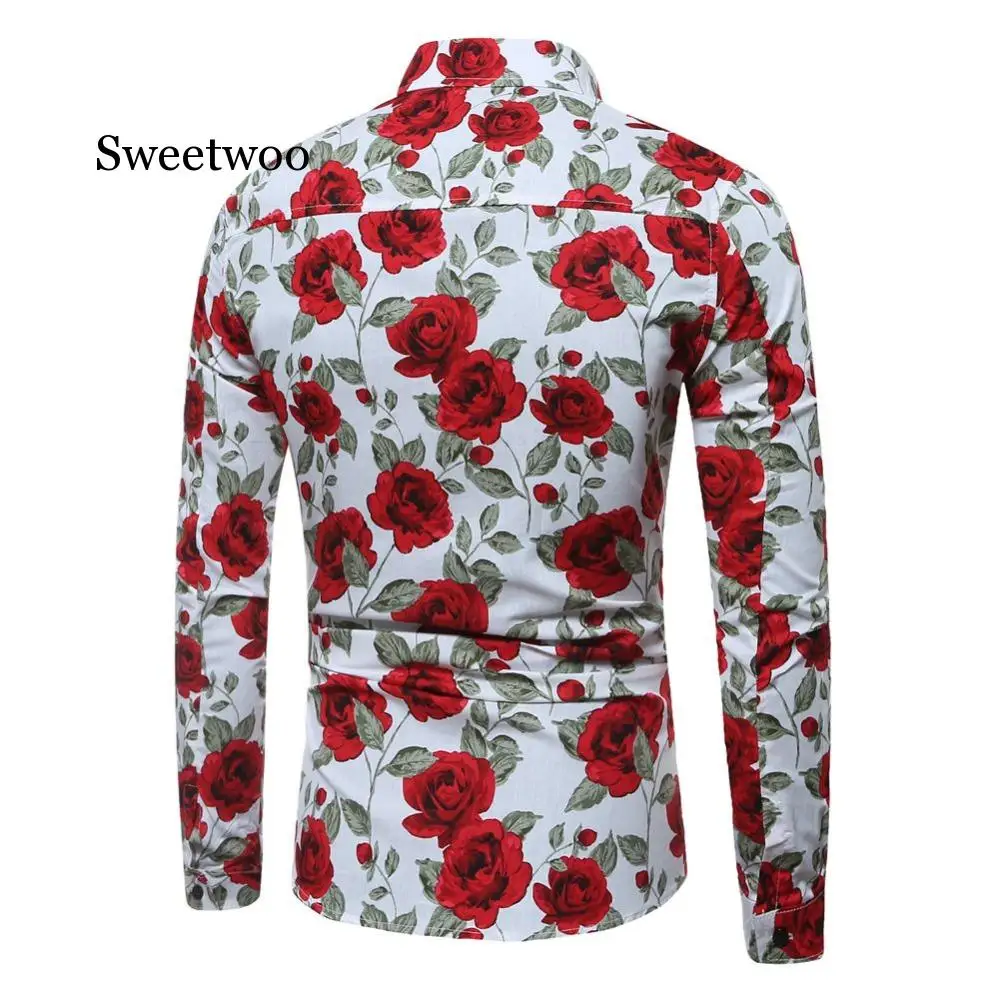 Men's Long Sleeve Casual Shirts Fashion Rose Flower 3D Print Floral Shirt Turn-down Collar Slim Fit Shirt Mens Clothing