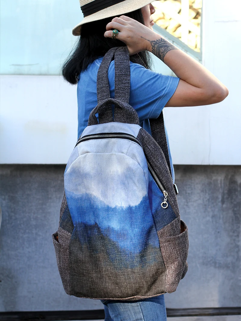 Quente azul-tingido algodão cânhamo mochila casual retro mochila étnica sacos moda arte unisex mochila