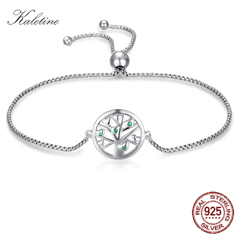 

KALETINE Sterling 925 Silver Bracelets Heart Tree of Life Charm Green Crystal Bracelet Adjustable Silver Jewelry Women KLTB067