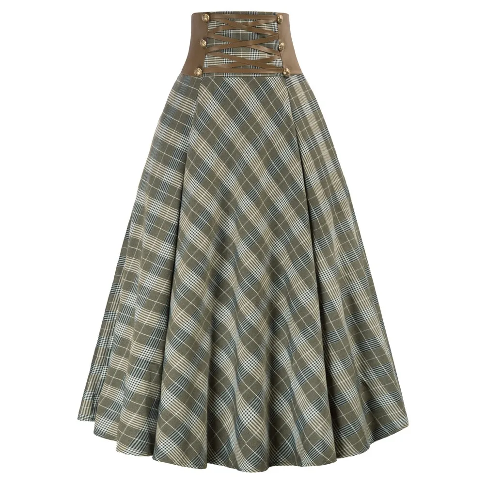 SD Renaissance Plaid Skirt Women High Waist Buttons Decorated A-Line Skirt Fashion Youth Lady Casual Gothic Punk Midi Skirts New