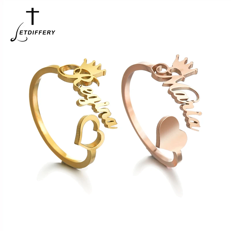 Letdiffery Custom Name Rings Stainless Steel Heart Crown Personlized Ring for Women Christmas Gifts Dropshipping Jewelry